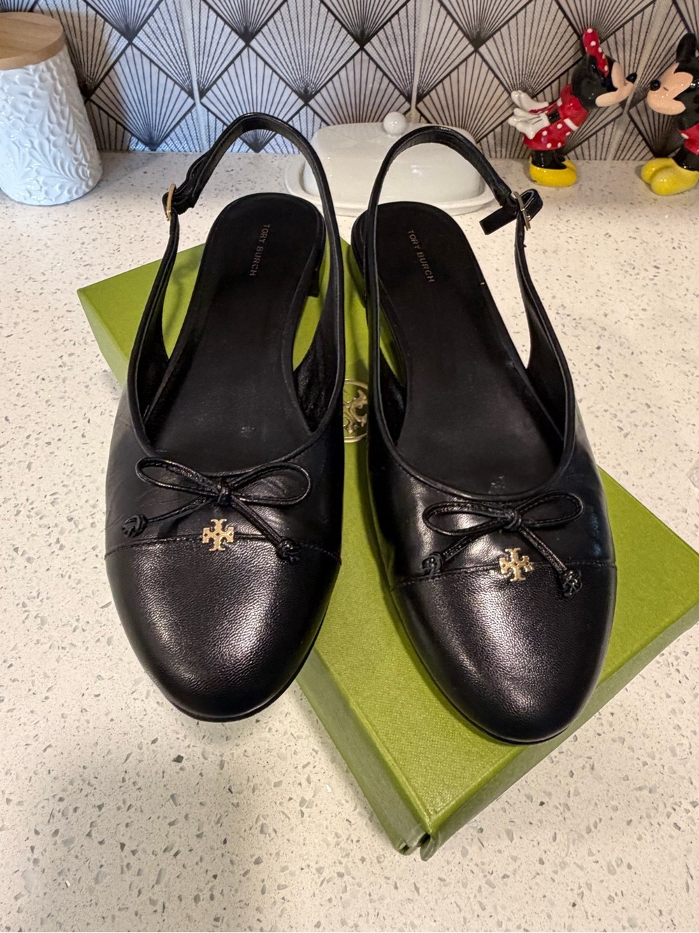 Tory Burch Black Leather Slingback Ballet Flats with Gold Logo Accent